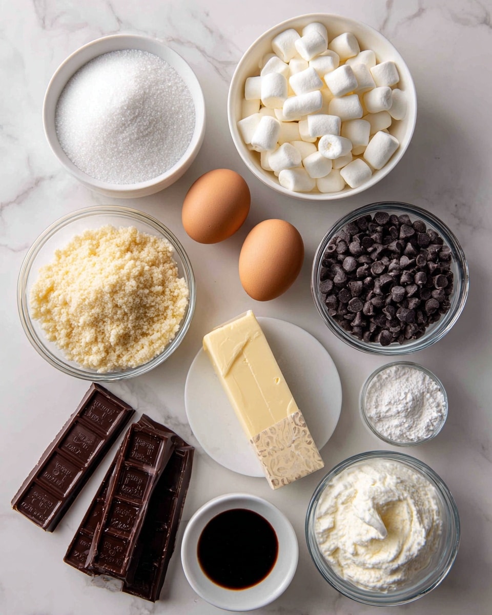 This image shows a top view of baking ingredients placed on a white marbled surface. There is one white bowl of white granulated sugar, one white bowl filled with small white marshmallows, a clear glass measuring cup filled with dark chocolate chips, and a clear glass measuring cup filled with crushed light brown crumbs. A stick of unsalted butter wrapped in cream and orange paper is near the center. Around these are three white eggs, two sticks of Hershey’s milk chocolate wrapped in dark brown packaging, a small white bowl with white fluffy cream, a small white bowl with white powder, and a small container with dark brown vanilla extract. photo taken with an iphone --ar 4:5 --v 7