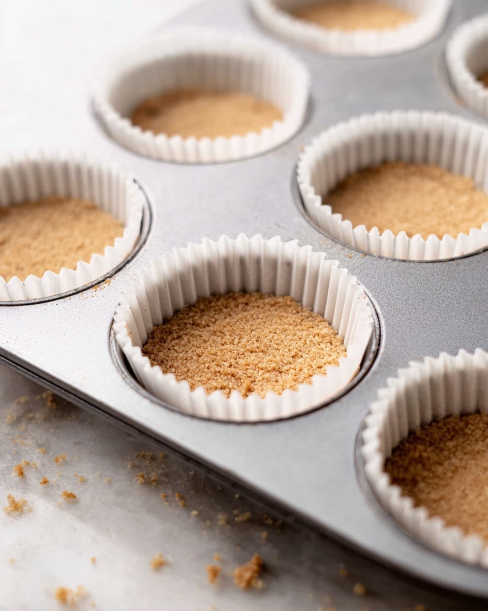 A close-up image shows a metal muffin tray with white paper liners inside each cup. Each liner has a single flat layer of light brown crumbly crust pressed into the bottom, evenly spread out with a slightly rough texture. Small crumbs are scattered gently around the tray on a white marbled surface. The focus is soft on the sides and sharper on the center crust layers. The overall look is clean and simple. photo taken with an iphone --ar 4:5 --v 7