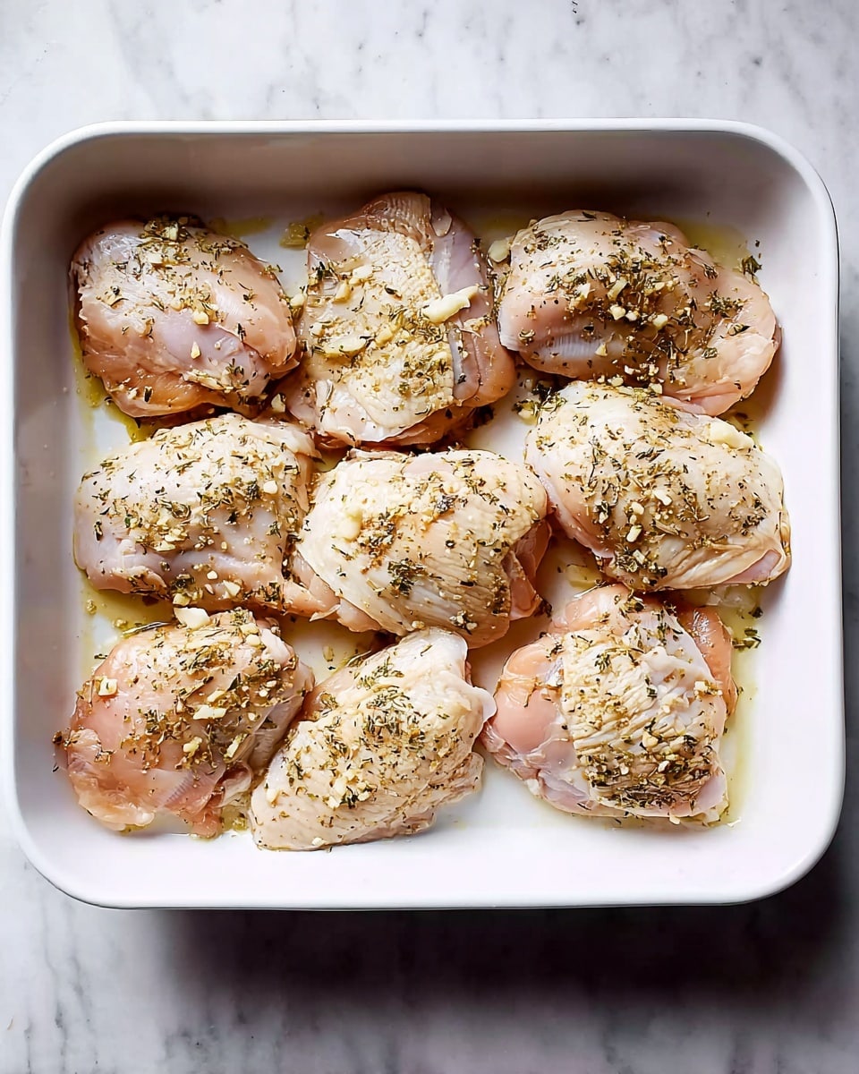 The image shows seven pieces of raw chicken thighs placed evenly in a white rectangular baking dish. Each piece is seasoned with scattered small bits of garlic and sprinkled with dried herbs, giving a textured look of light brown and green specks on the pale pink surface of the chicken. The chicken pieces slightly overlap in some areas, and the dish sits on a white marbled surface with soft gray veins. The lighting is bright, showing the moistness and freshness of the chicken clearly. photo taken with an iphone --ar 4:5 --v 7