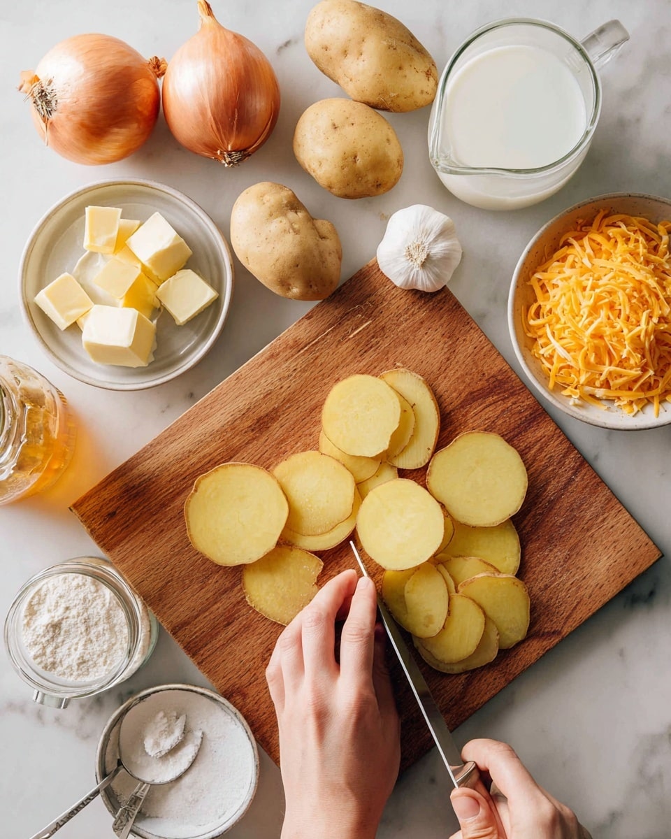 A woman's hand is slicing light yellow potatoes into thin round pieces on a wooden cutting board. Around the cutting board, there are whole yellow potatoes, a whole light brown onion, a head of garlic, a small bowl with cubes of pale yellow butter, a white bowl filled with shredded orange cheddar cheese, a glass jug with white milk, a jar of light brown broth, and a small dish with white flour and a metal spoon. The whole setup is on a white marbled texture surface. photo taken with an iphone --ar 4:5 --v 7
