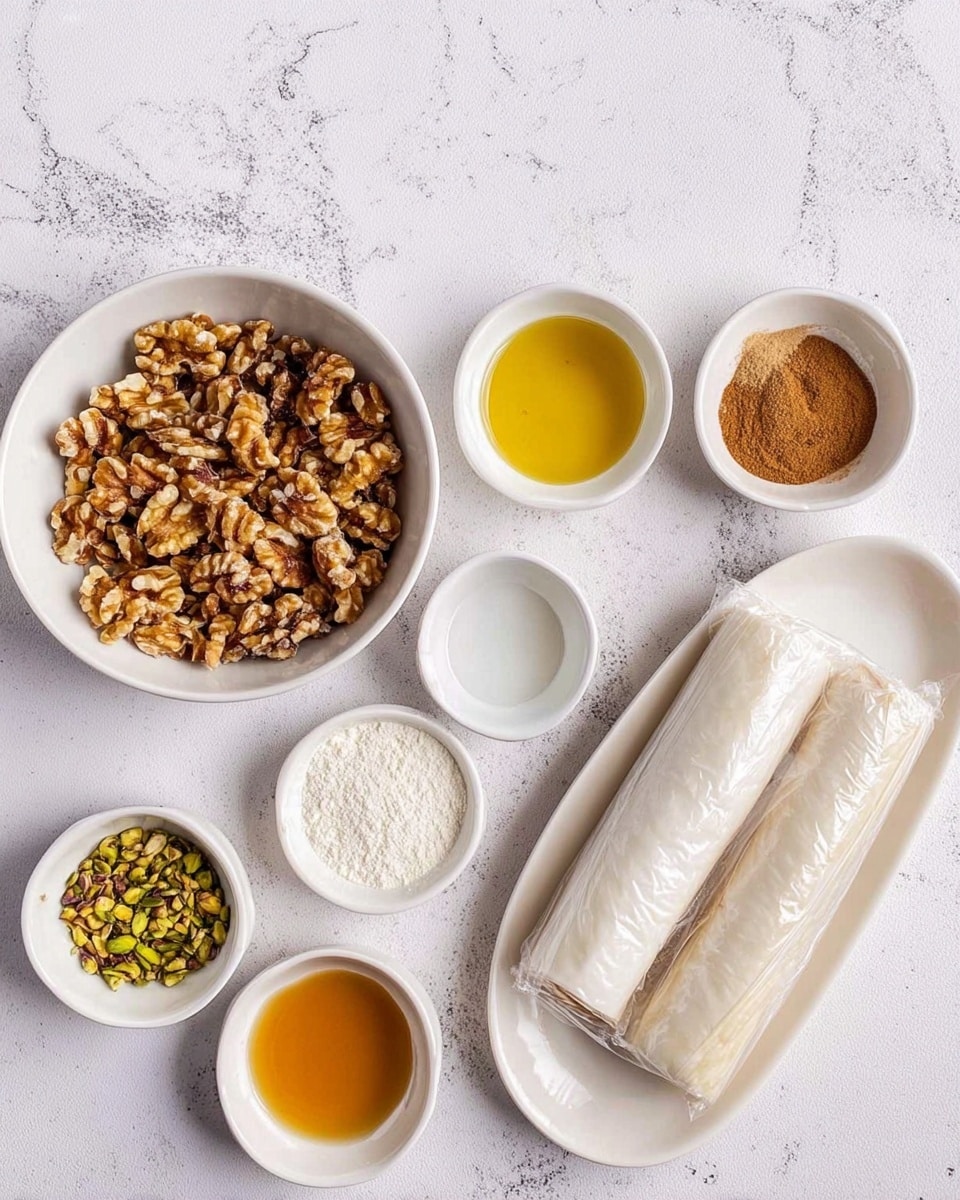 The image shows several white bowls arranged on a white marbled surface, each containing different ingredients. There is a large bowl filled with broken walnuts placed in the middle, surrounded by smaller bowls with green pistachios, white sugar, a small amount of clear liquid, cinnamon powder, and golden honey. On the right side, there is a white oval plate holding two sheets of rolled phyllo dough covered with clear plastic wrap. The overall look is neat and clean, with a light and soft color scheme. Photo taken with an iphone --ar 4:5 --v 7