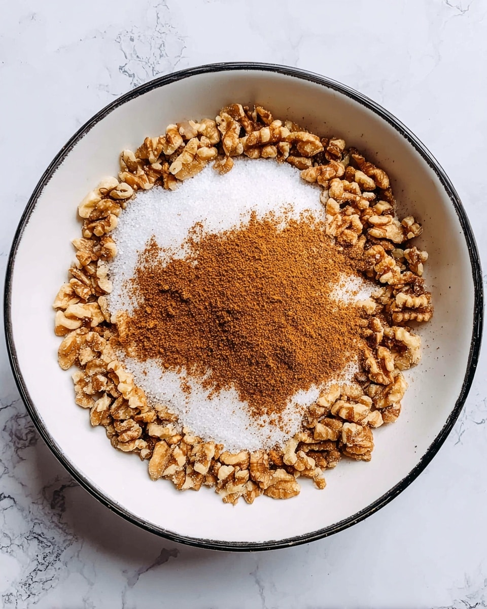 A white bowl with a black rim is filled with three visible layers, arranged in a circular fashion. The outer layer is a ring of chopped walnuts with a rough, chunky texture in light and medium brown colors. Inside this ring is a layer of white granulated sugar, showing a fine, grainy texture. On top of the sugar, there is a scattering of ground cinnamon, a warm brown powder that is unevenly spread in the center. The bowl sits on a white marbled surface. photo taken with an iphone --ar 4:5 --v 7