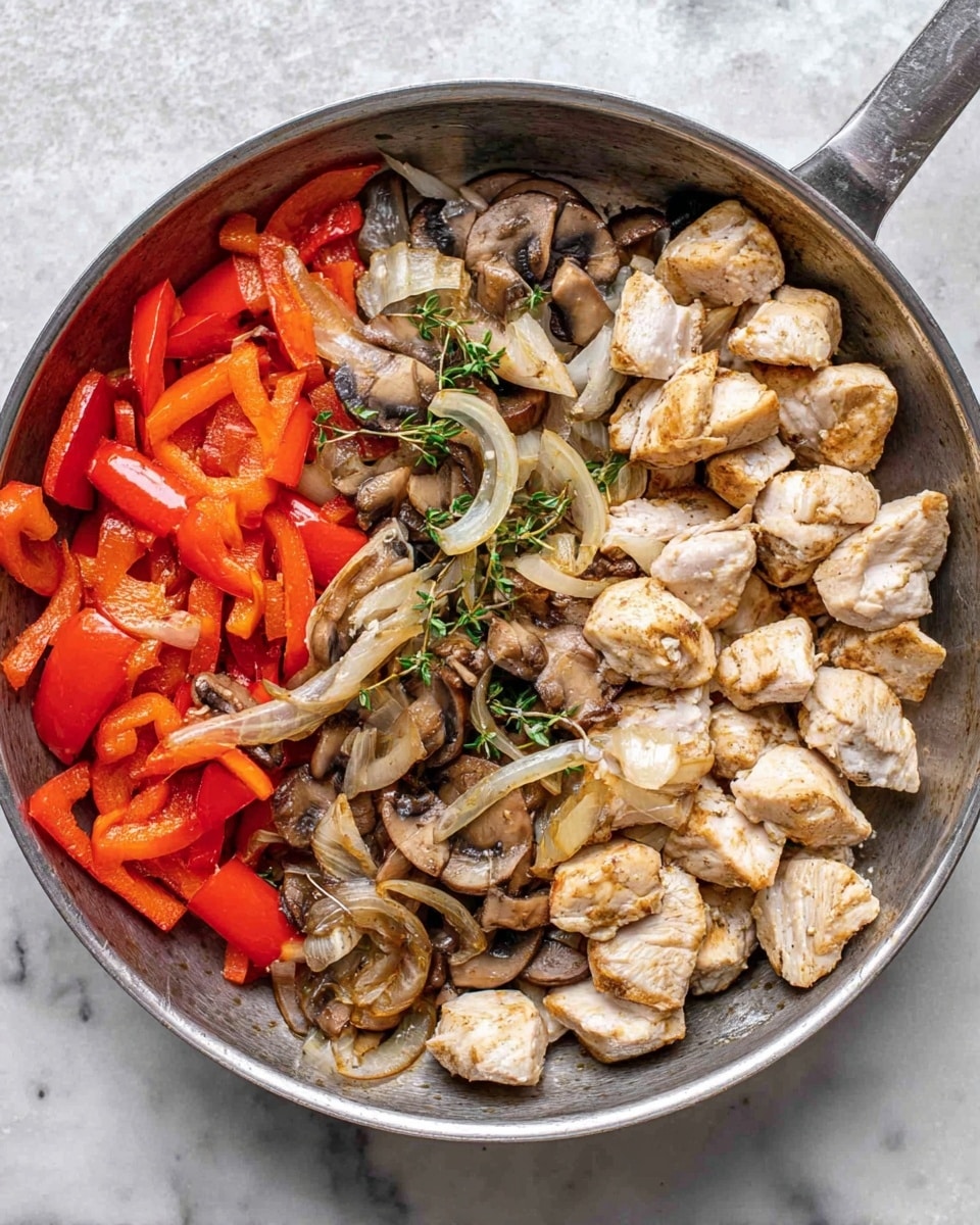 A round metal pan holds two main layers of food side by side; on the left side, there are chopped red bell peppers and sliced mushrooms mixed with thin white onion slices and small green herb sprigs, creating a colorful mix of red, brown, white, and green. On the right side, there are chunks of cooked white chicken pieces with a slight golden brown sear. The pan is placed on a white marbled surface. photo taken with an iphone --ar 4:5 --v 7