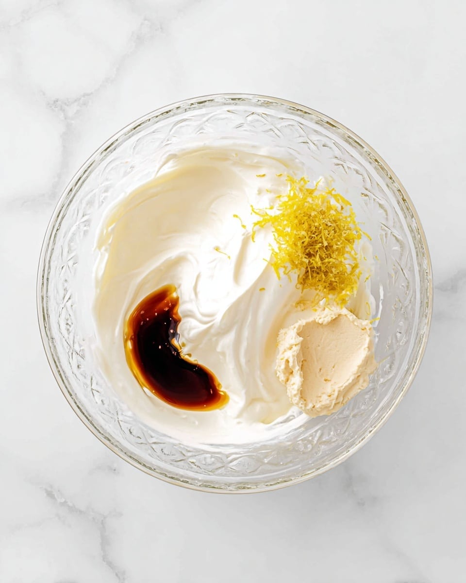 A clear glass bowl sits on a white marbled texture, filled with several layers of ingredients before mixing. The largest layer is a smooth, white creamy base covering most of the bowl. On top of this base, there is a thick dollop of more white cream off to the left side. A small pool of dark brown liquid, likely vanilla extract, rests in a shallow indentation in the cream near the center. To the right, there is a light yellow paste with a soft texture, and just above it, a small pile of bright yellow lemon zest adds a fine, shredded texture. The ingredients are spread evenly but not mixed, showing separate layers and colors clearly. Photo taken with an iphone --ar 4:5 --v 7
