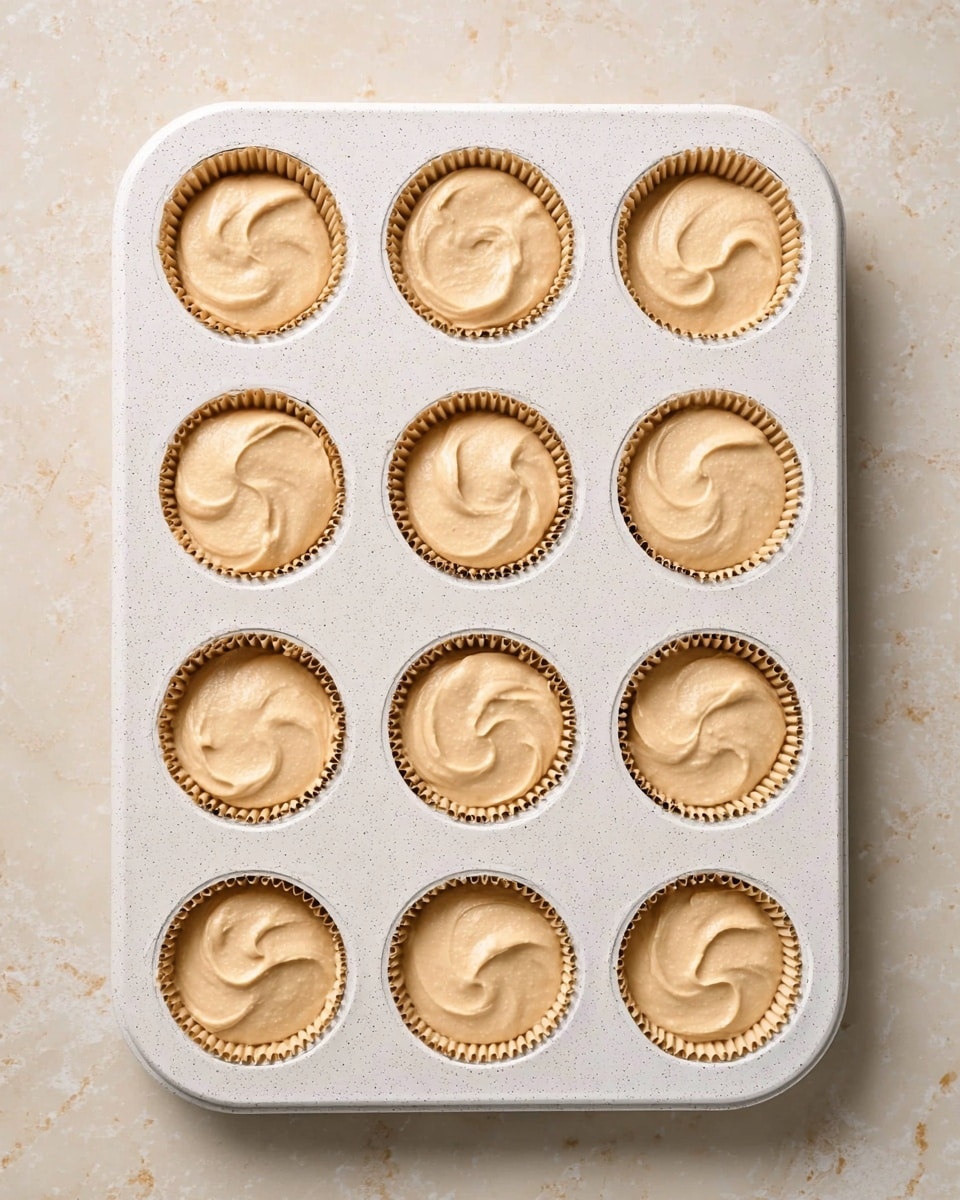A white speckled muffin tray holds twelve paper liners, half filled with a golden brown crumb base and the other half topped with a light beige creamy mixture dolloped unevenly on the crumb layer. To the top left, a clear glass bowl contains more of the creamy mixture, showing a thick, smooth texture with soft peaks. The tray is placed on a white marbled surface that adds clean contrast to the warm colors of the crumb and cream photo taken with an iphone --ar 4:5 --v 7