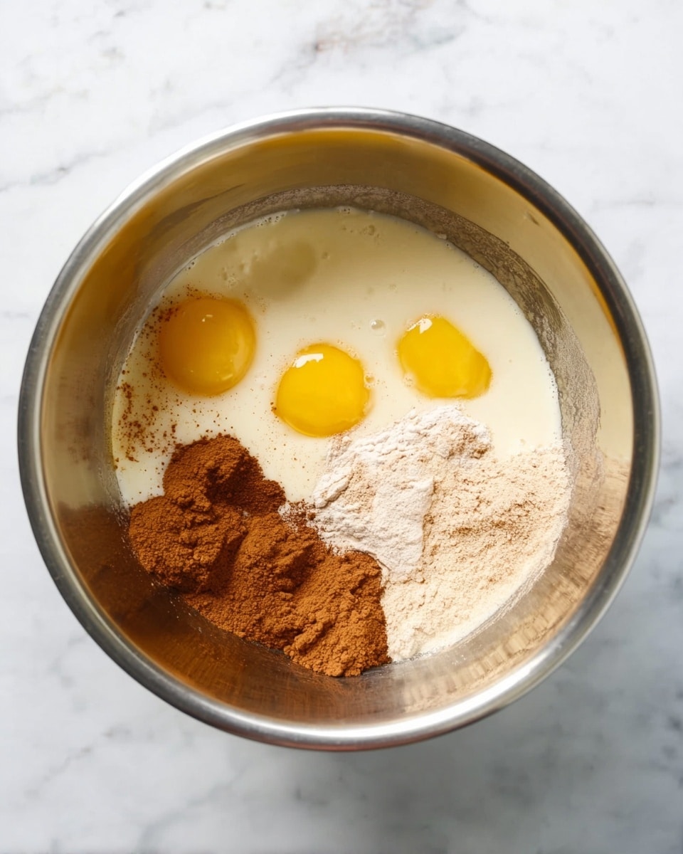 A metal mixing bowl sits on a white marbled surface, filled with several ingredients before being stirred. Inside the bowl, three bright yellow egg yolks float next to a white liquid, likely milk or cream. On one side, a pile of brown cinnamon powder contrasts against the creamy liquid, while a lighter beige powder, perhaps flour or sugar, is spread beside it. The colors form a swirling pattern, with the ingredients mostly separate but gently blending at the edges. Photo taken with an iphone --ar 4:5 --v 7