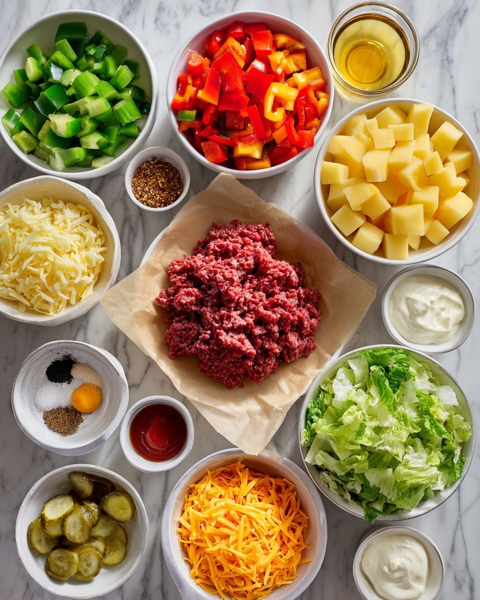 A top view of many white bowls and small dishes arranged on a white marbled surface, each filled with fresh ingredients: one bowl with chopped green and red bell peppers side by side, another with cubed yellow potatoes, one with finely chopped onions, another with diced tomatoes, a bowl filled with shredded orange cheddar cheese, and one with chopped green lettuce. In the center is a layer of raw red ground beef placed on brown parchment paper. Around the main items are small dishes with different ingredients including light beige mayo, golden olive oil, a mix of four colorful spices, dark red ketchup, yellow dijon mustard, light beige chopped garlic, creamy white Greek yogurt, golden honey, and slices of green pickles. photo taken with an iphone --ar 4:5 --v 7