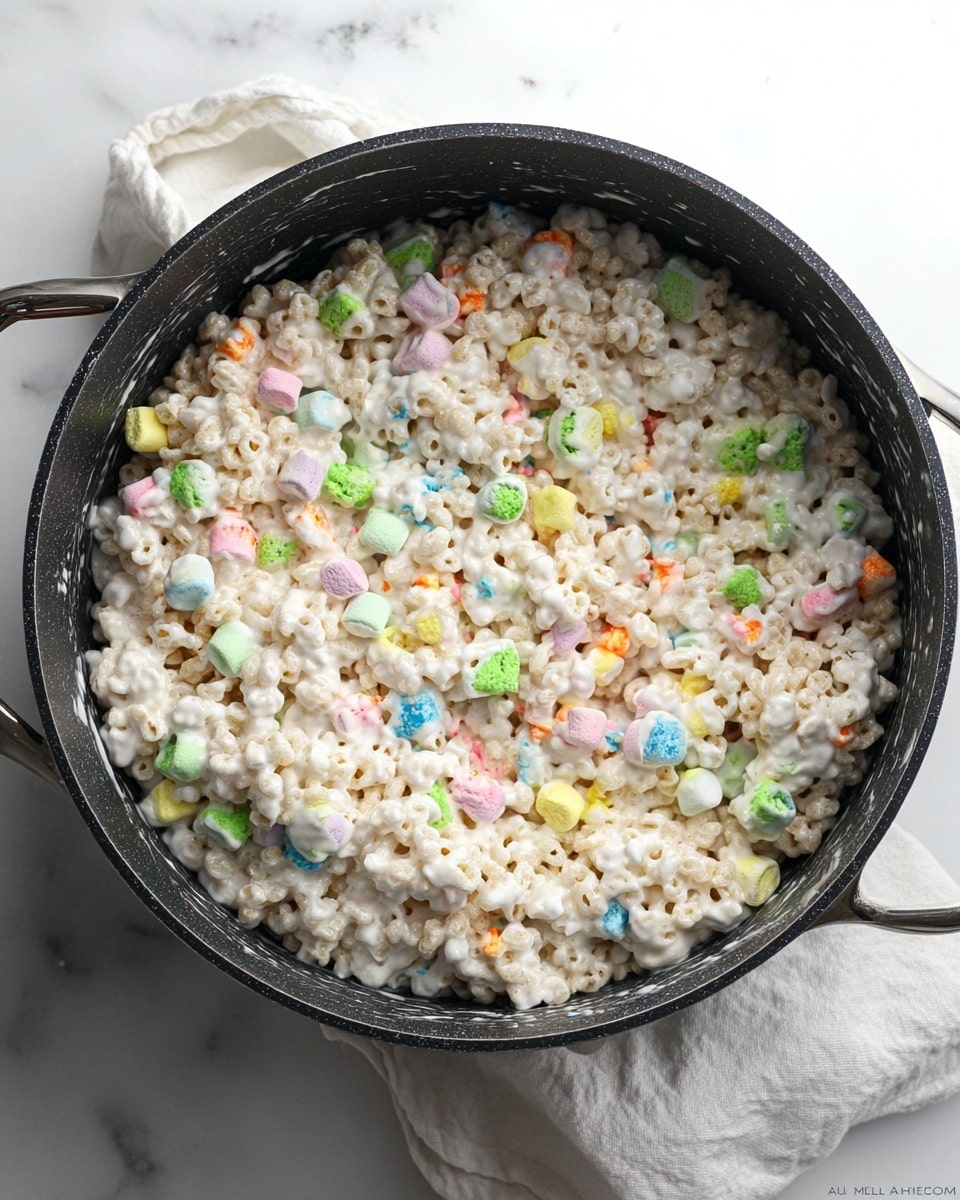 The image shows a black cooking pot filled with a mixture of puffed grains and colorful marshmallows coated in a thick white sticky layer. The puffed grains are tightly packed, creating a textured base with small holes and uneven surfaces, while the marshmallows are scattered throughout, appearing as small bright spots of green, pink, yellow, blue, and orange, adding vibrant color contrast. The white coating covers everything in a shiny, slightly stringy way, with some strands visible between clumps. The pot is placed on a white marbled surface, and a white cloth is partially seen on the side. photo taken with an iphone --ar 4:5 --v 7
