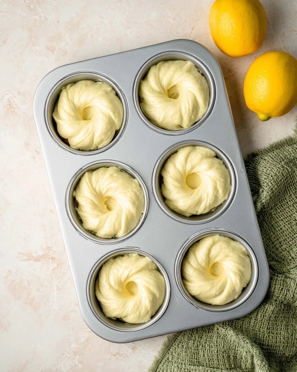 A silver metal baking tray with six round molds shaped like small wreaths is filled with pale yellow batter in each mold. The batter is smooth with swelling texture, almost reaching the top edges of the molds. The tray is placed on a white marbled surface, with two bright yellow lemons in the top right corner and a folded green cloth with a rough texture at the bottom right. The light is soft, highlighting the batter’s creamy texture. photo taken with an iphone --ar 4:5 --v 7