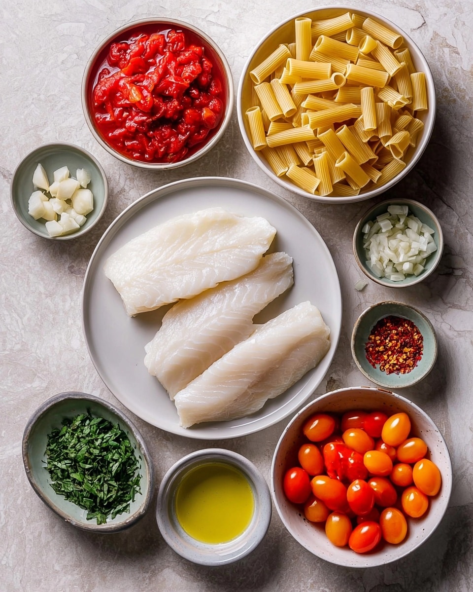 The image shows several bowls and plates arranged on a white marbled surface. In the center is a white plate holding two thick, raw white fish fillets with a smooth, slightly shiny texture. Above it, a white bowl filled with short, tube-shaped, pale yellow pasta is placed. Next to the pasta bowl, another white bowl contains bright red diced tomatoes in liquid. Below and to the right of the fish, an off-white bowl holds many small, smooth, bright orange grape tomatoes. Surrounding these main dishes are smaller bowls: chopped white garlic pieces in a small gray bowl, a small gray bowl with dark green fresh herb leaves, a tiny beige bowl with dried red chili flakes, a small cup of light golden olive oil, and a small white bowl with finely chopped green herbs. Everything is neatly placed and clearly visible. photo taken with an iphone --ar 4:5 --v 7