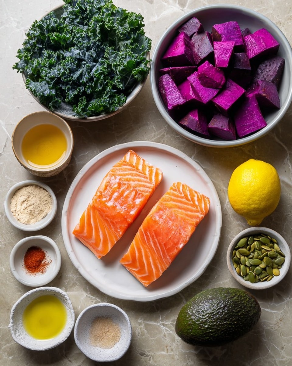 The image shows several ingredients placed on a white marbled surface. At the center is a white plate holding two raw salmon fillets, bright orange with pale pink stripes. Above the plate to the right is a white bowl filled with purple yam cubes, deeply colored and textured, and to the left is another white bowl filled with fresh dark green curly kale leaves. Below the purple yams is a small bowl with a golden liquid, likely honey, and below that, a small dish with reddish spice powder. To the left of the salmon is a small dish with light beige garlic powder and next to it a small white bowl with yellow olive oil. On the bottom right, a white textured bowl holds a whole dark green avocado, and beside it is a small plate with a halved lemon, showing bright yellow flesh. A small white bowl of green pumpkin seeds stands near the kale bowl. Photo taken with an iphone --ar 4:5 --v 7