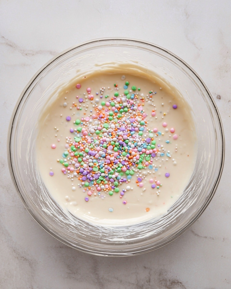 A clear glass bowl sits on a white marbled surface filled with smooth, light beige batter. On top of the batter, there is a pile of small, round, colorful confetti sprinkles in pastel shades including pink, green, blue, purple, orange, and white, scattered mostly in the center. The inside sides of the bowl show streaks of batter from mixing. Photo taken with an iphone --ar 4:5 --v 7