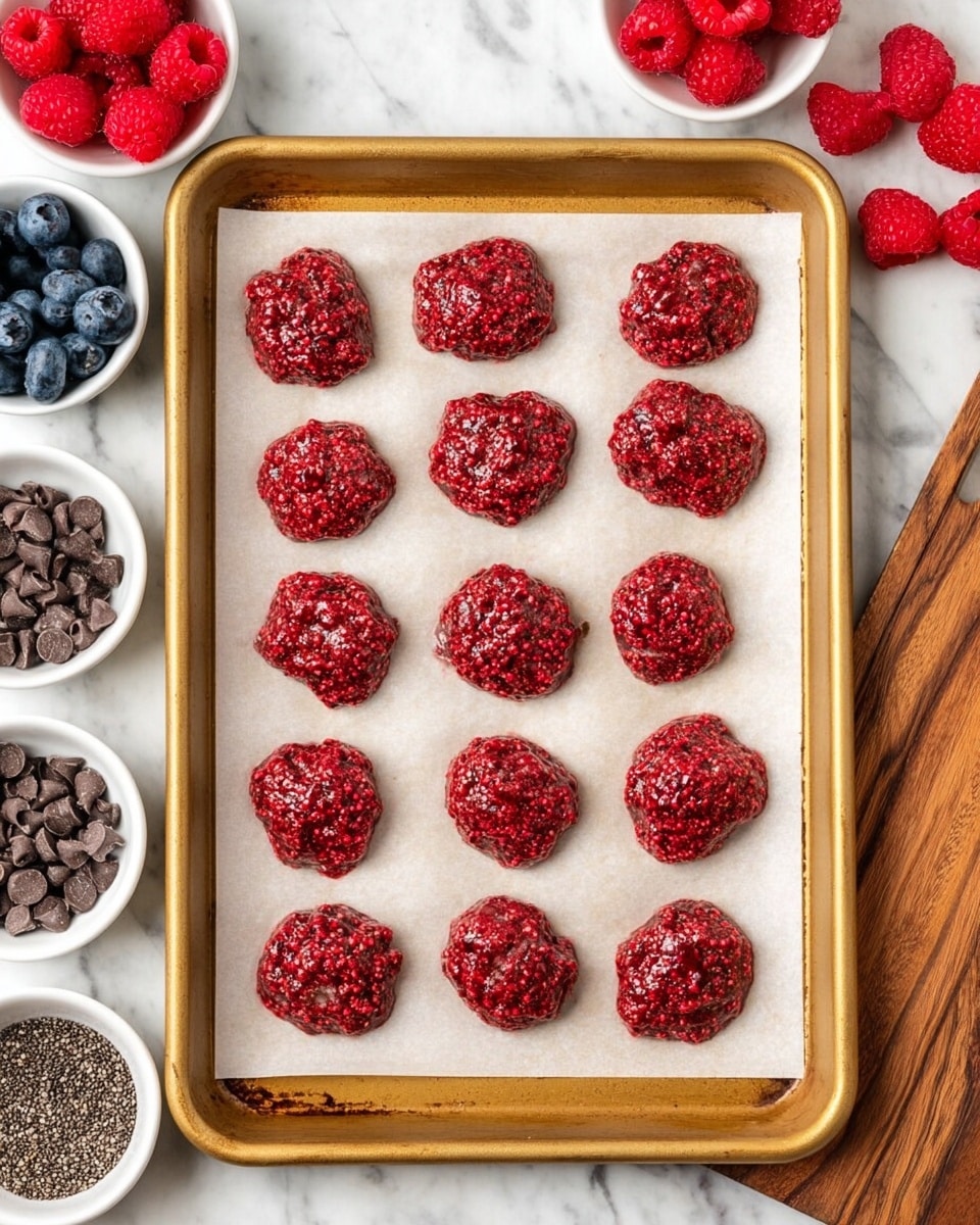 A golden baking tray lined with white parchment paper holds fifteen small, round, red raspberry clusters arranged in three vertical columns and five rows. Each cluster is textured with crushed raspberry pieces and tiny seeds, giving a slightly uneven surface. Surrounding the tray are small white bowls filled with fresh raspberries, blueberries, dark chocolate chips, and chia seeds placed on a white marbled surface. A wooden chopping board with a few raspberries also rests at the top right side. Woman's hand is not visible in this image. photo taken with an iphone --ar 4:5 --v 7