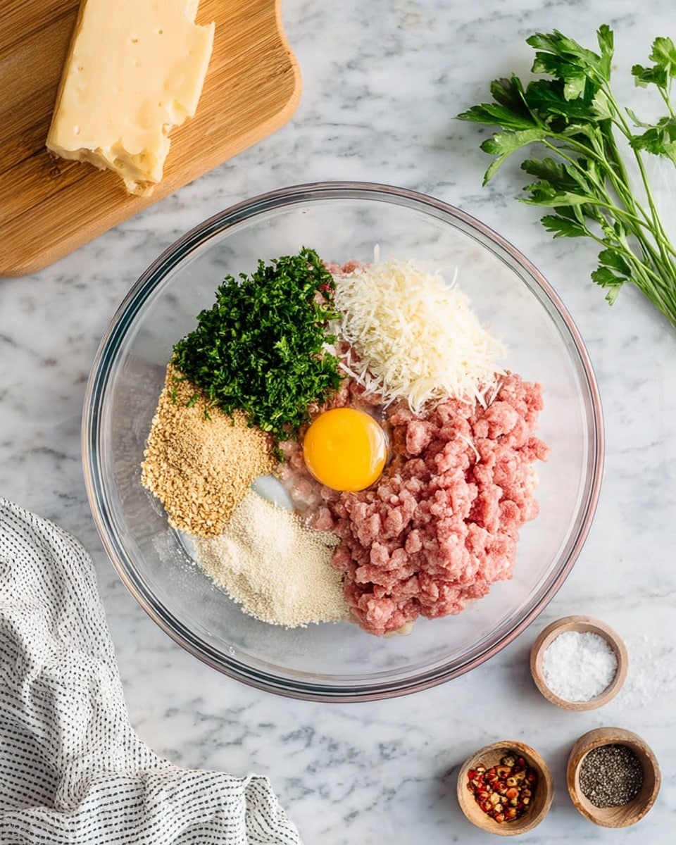 Saucy Meatball Spinach Parmesan Recipe 4 A clear glass bowl sits on a white marbled surface, filled with seven distinct layers arranged side by side: on the bottom right is a large portion of pink ground meat with a soft texture; above it, a light pile of finely grated white cheese; next to the meat, a bright yellow raw egg yolk with a clear surrounding egg white; to the left of the egg, chopped fresh green parsley; below the parsley, light brown crushed crackers or breadcrumbs with a gritty texture; near the bottom left, small white salt crystals; finally, scattered black pepper and red chili flakes add slight spots of color on top of the meat and salt. In the top left corner of the frame, a wooden cutting board holds a wedge of pale yellow cheese and a small bunch of green parsley, while small round containers of black pepper and white salt sit nearby. A white and black striped cloth is partially visible at the bottom edge. Photo taken with an iphone --ar 4:5 --v 7