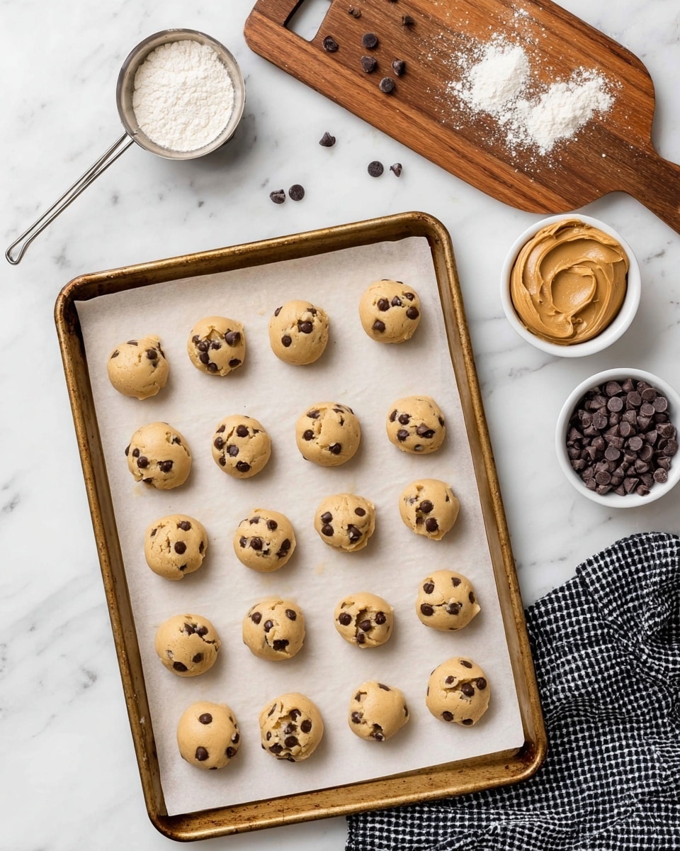 A baking tray lined with parchment paper holds fifteen small, round dough balls dotted with dark chocolate chips scattered across each one; the dough has a smooth, light golden color and slightly shiny texture. Above the tray on a white marbled surface, there is a wooden cutting board with a metal measuring cup filled with powdered sugar and a few chocolate chips scattered around. To the right, a whitish glass bowl contains creamy peanut butter, and next to it is a small white bowl filled with chocolate chips. A black and white checkered cloth is partially visible on the right edge. Photo taken with an iphone --ar 4:5 --v 7