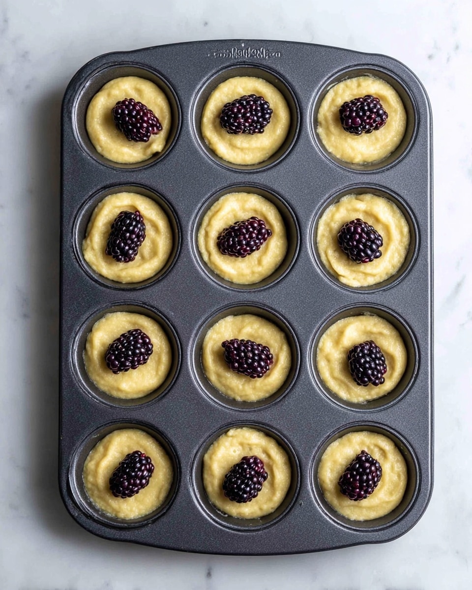 A dark gray muffin tray filled with twelve small round cups of light yellow batter, each topped with a single dark purple blackberry placed in the center. The muffins are not yet baked, and the batter looks smooth with a slightly thick texture. The tray sits on a white marbled surface, giving a clean and bright background to the scene. photo taken with an iphone --ar 4:5 --v 7