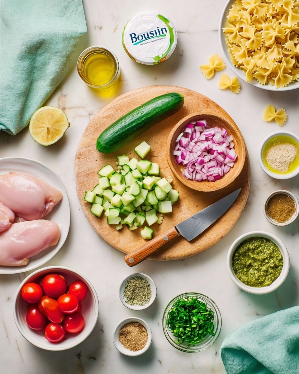 The image shows various fresh ingredients arranged neatly on a white marbled surface. In the center, there is a round wooden cutting board with a half cucumber, some cucumber pieces, a small wooden bowl filled with chopped red onions, a knife with a wooden handle, and a round white Boursin cheese container. Surrounding the board are two raw chicken pieces on a white plate at the bottom left, a white bowl with halved red cherry tomatoes at the bottom center, a small glass bowl of green chopped herbs next to a light green cloth, a white bowl of uncooked farfalle pasta at the top right, a turquoise bowl of green pesto sauce nearby, and several small white dishes containing olive oil, minced garlic, lemon zest, spices, and a light yellow sauce. The arrangement is bright and fresh, with a clean, well-organized look photo taken with an iphone --ar 4:5 --v 7
