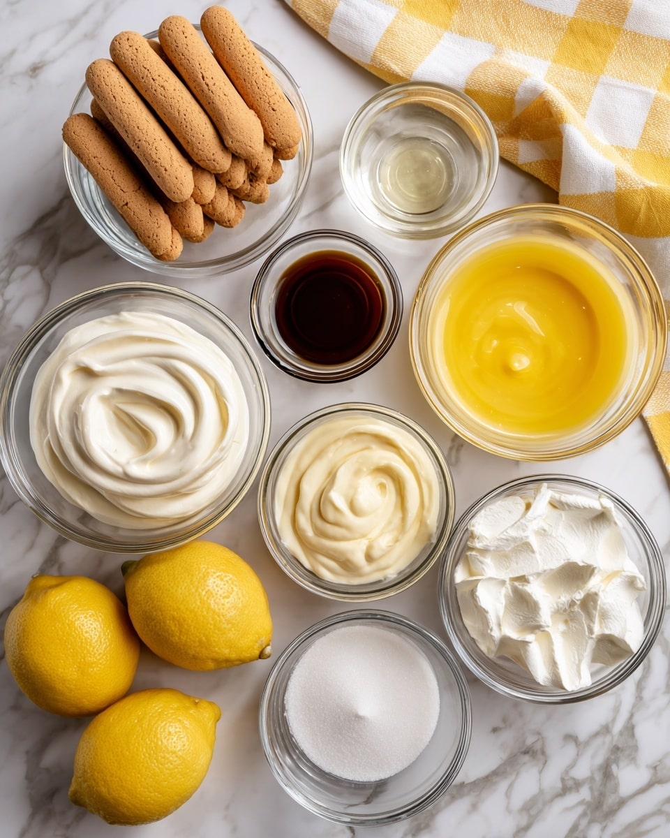The image shows several clear glass bowls on a white marbled surface, each containing different ingredients: a bowl of light brown ladyfinger cookies stacked neatly, a bowl filled with smooth white whipping cream, a bowl of thick bright yellow lemon curd with a creamy texture, a smaller bowl of clear vanilla extract, a bowl with soft white mascarpone cheese, another bowl filled with fine white sugar, and a bowl of clear water. Two whole fresh yellow lemons lie on the surface near the bowls, and a yellow and white checkered cloth is placed in the top right corner. Photo taken with an iphone --ar 4:5 --v 7