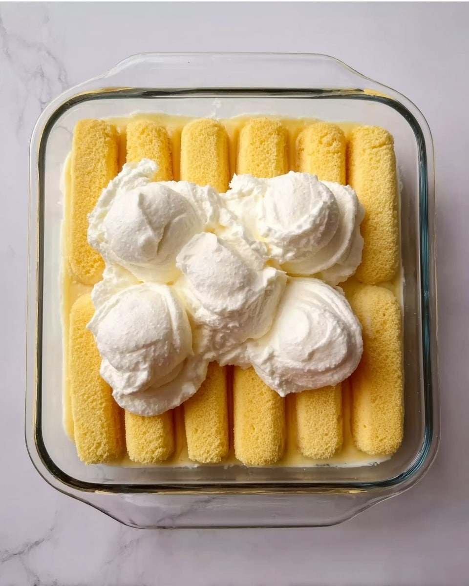A clear square glass dish shows one layer of yellow sponge fingers arranged neatly in a single layer, filling the dish. On top, four dollops of thick white creamy mixture are placed evenly across the center area. The dish is set on a white marbled surface. photo taken with an iphone --ar 4:5 --v 7