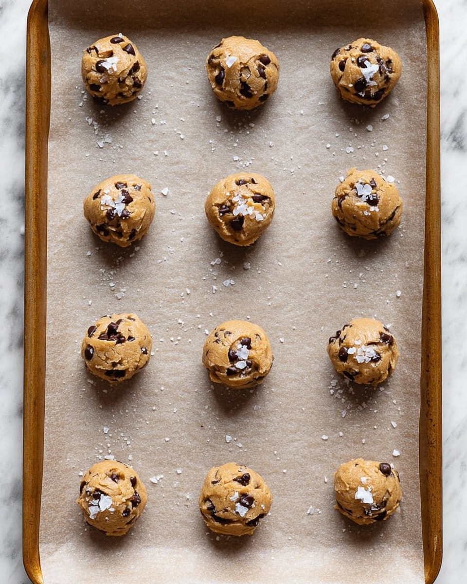 The image shows a baking tray covered with light brown parchment paper holding twelve small mounds of raw chocolate chip cookie dough. Each dough mound is light golden-brown and studded with dark chocolate chips, with a few pieces of flaky white salt sprinkled lightly on top. The dough balls are evenly spaced in a grid of three rows and four columns, and the surface underneath the tray is a white marbled texture. The overall look is neat and ready for baking. photo taken with an iphone --ar 4:5 --v 7