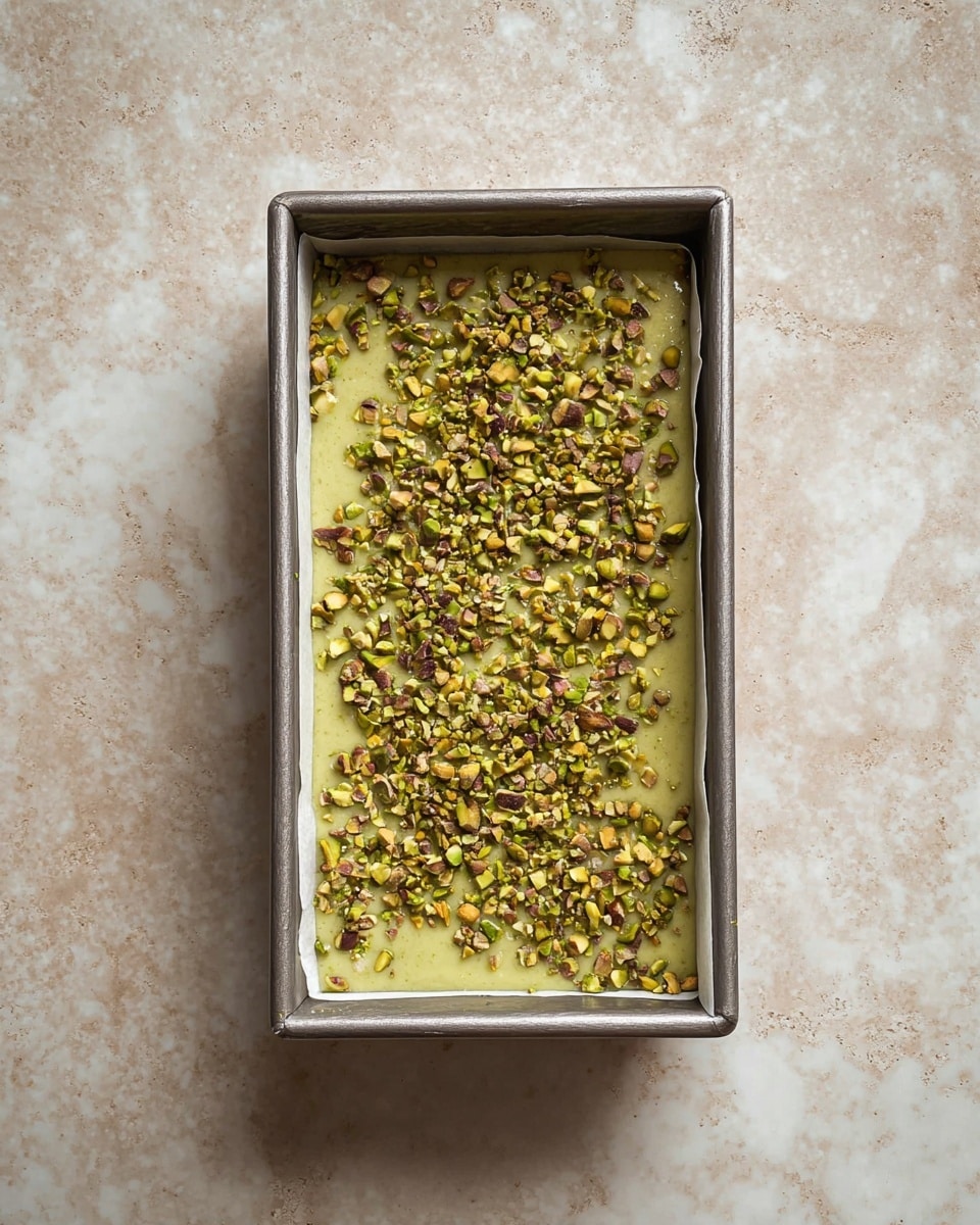 A rectangular metal pan with white parchment paper inside holds a single layer of light green batter topped with a thick sprinkle of chopped pistachio nuts in various shades of green and brown. The pan is placed on a white marbled surface with soft natural lighting, showing texture on the batter and nuts clearly. The photo is taken from above, showing the pan centered in the frame with some of the white marbled background visible around it. photo taken with an iphone --ar 4:5 --v 7