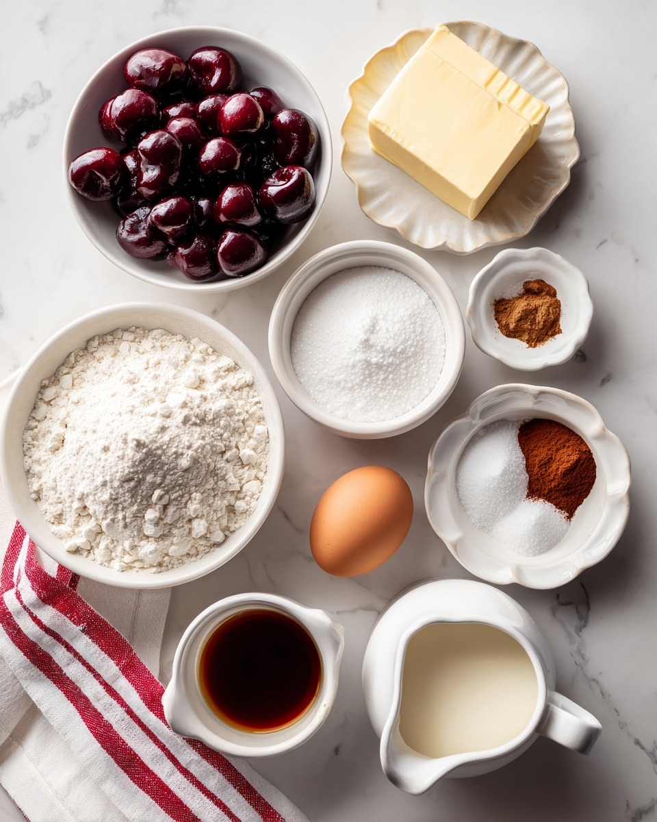 The image shows several white bowls and small containers arranged neatly on a white marbled surface. In the center, there is a large white bowl filled with a heap of white flour. To the left, a medium white bowl is full of dark red, halved cherries. Above the cherries, a small white bowl contains white baking powder. Next to the flour bowl, a smaller white bowl is filled with white sugar. Above this, there is a stick of pale yellow butter placed horizontally. To the right of the butter, a single brown egg rests directly on the surface. Nearby, a small white scalloped dish holds a brown cinnamon powder and some white salt together. Below and to the right of the egg, a small white cup contains a dark amber liquid labeled as vanilla. On the lower right side, a white pitcher holds creamy white heavy cream, partially resting on a white and red striped cloth. photo taken with an iphone --ar 4:5 --v 7