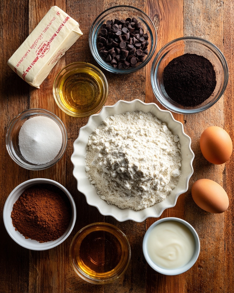 The image shows an overhead view of various baking ingredients arranged on a wooden surface. In the center is a white scalloped bowl filled with white all-purpose flour. Surrounding it are small clear glass bowls—one with dark chocolate chips at the top, one with a black espresso powder, white salt, and baking soda mixture to the upper right, another with dark brown cocoa powder to the left. Below the flour bowl is a white bowl containing brown sugar and white sugar side by side. Nearby, there is a stick of unsalted butter in red and white wax paper, one brown egg, and a small clear bowl with golden vanilla extract. A second small bowl holds white heavy cream. The warm tones of the ingredients contrast with the smooth wooden surface. photo taken with an iphone --ar 4:5 --v 7