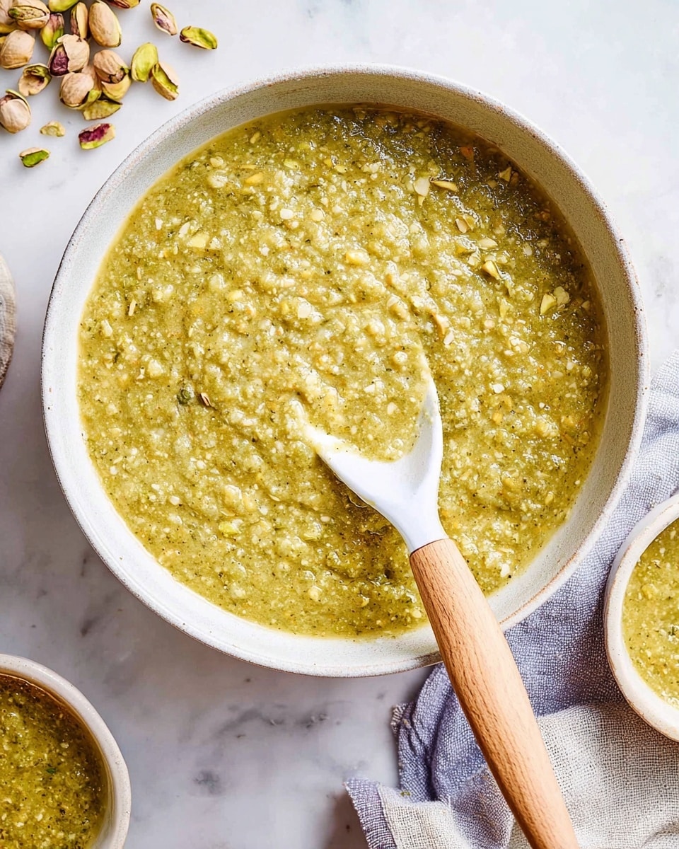 A large white bowl filled with a thick greenish-yellow mixture that has a grainy texture, showing small oat-like pieces throughout. A white spoon with a wooden handle is scooping the mixture, resting in the bowl. The bowl is placed on a white marbled surface, with a cloth partially visible on the bottom right and some scattered pistachio shells on the top right. Two smaller white bowls containing a similar green mixture are partly visible near the corners. The overall image looks bright and clean, with natural lighting highlighting the texture of the mix. photo taken with an iphone --ar 4:5 --v 7