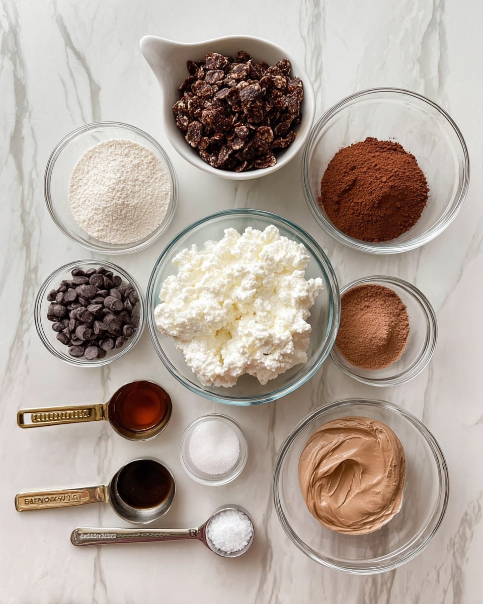 The image shows ten small containers arranged on a white marbled surface, each holding a different ingredient. In the center, there is a clear glass bowl filled with white cottage cheese. Surrounding it are two smaller clear glass bowls with different shades of brown powder, one darker and one lighter, and another glass bowl with a brown creamy paste. There is also a small glass bowl with dark chocolate chips and another with a light brown liquid, likely vanilla. A white ceramic bowl holds dark brown granola, placed at the top left. Three measuring spoons are at the bottom: one with a white powder, one with a dark syrup, and one with a white granular substance. The arrangement is neat, showing a variety of textures from fluffy to smooth to crunchy photo taken with an iphone --ar 4:5 --v 7