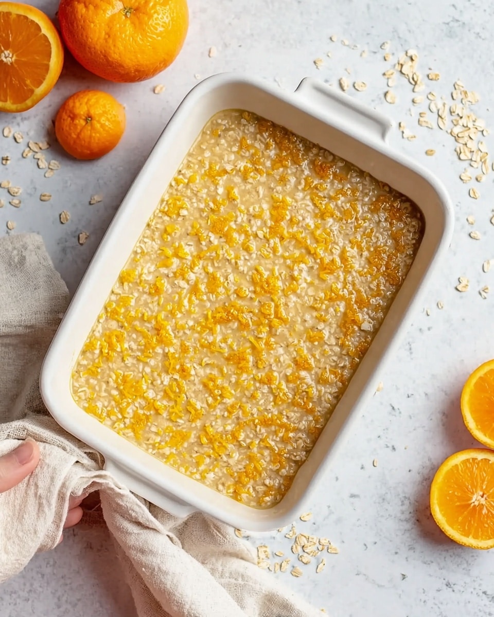 The image shows a white rectangular baking dish filled with a mixture of oats and orange pieces evenly spread in one layer. The oatmeal mixture is light tan with small bits of orange peel giving a speckled look throughout. The dish is placed on a white marbled surface, scattered with some loose oats around it. To the right of the dish, there are two whole oranges, one of which is halved to show the bright orange inside. A beige cloth is softly placed at the bottom left corner of the image. Photo taken with an iphone --ar 4:5 --v 7