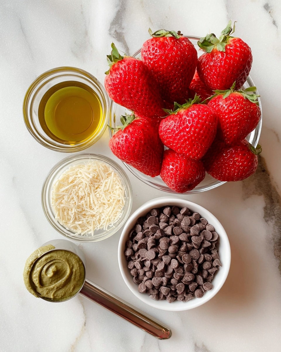 A clear glass bowl filled with large, bright red strawberries with green leaves sits at the top right on a white marbled surface. Below it and slightly left is a white bowl full of dark brown chocolate chips that have a slightly frosty look. Above the chocolate chips is another white bowl filled with thin, light cream-colored shredded strands. To the left of the chocolate chips and shredded strands is a small clear glass bowl with a golden yellow liquid. Next to it on the left is a metallic measuring spoon holding a smooth, thick, green paste. photo taken with an iphone --ar 4:5 --v 7