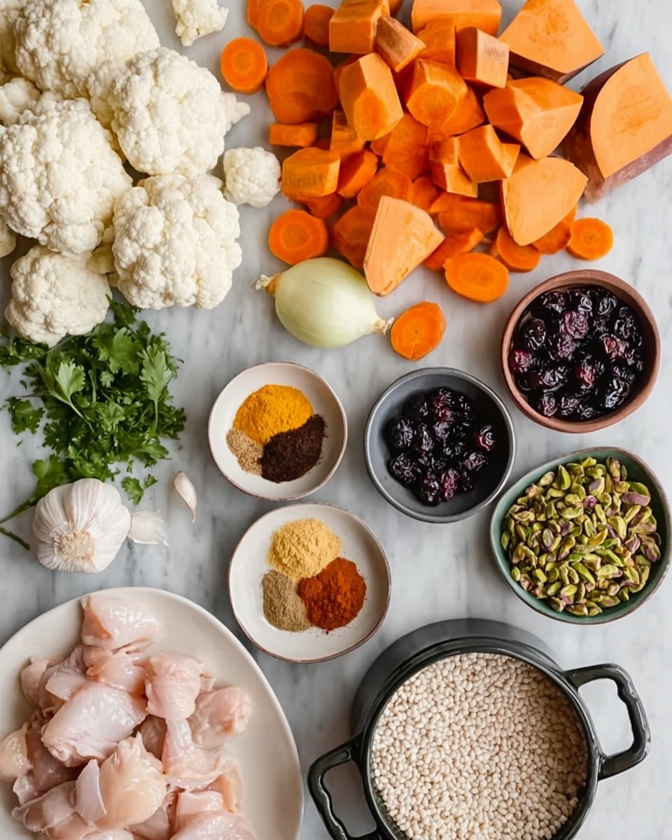 The image shows a spread of fresh ingredients on a white marbled surface. There are three large layers of vegetables: white cauliflower florets on the top left, orange carrot slices on the bottom left, and large orange chunks of sweet potato in the center and right. Small round white grains fill a small black cast iron pot in the middle right, surrounded by small bowls with dark dried berries, green pistachios, and fresh green chopped herbs. A white bowl near the bottom left corner holds pieces of raw chicken. Nearby are three garlic cloves and a whole yellow onion. A small white plate in the center holds piles of colorful ground spices in yellow, brown, dark brown, and green shades. The photo taken with an iphone --ar 4:5 --v 7
