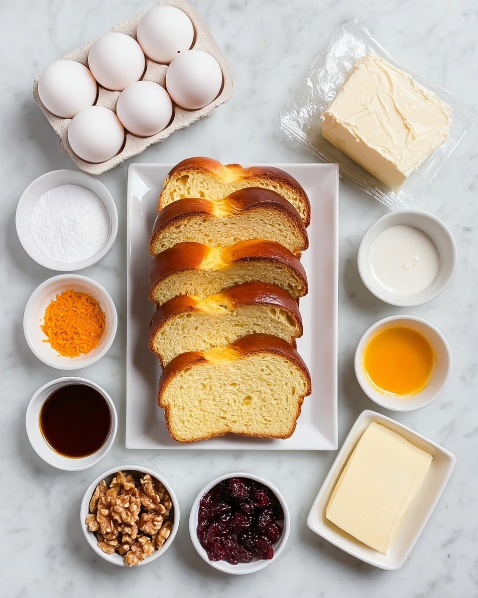 The image shows several food ingredients on a white marbled surface arranged neatly. In the center is a white rectangular plate stacked with sliced braided bread, each slice showing a golden brown top crust and light yellow inside. Surrounding the plate are small white bowls and a white rectangular dish: on the top right is a block of cream cheese, below are orange zest, white milk, and melted yellow butter in small white bowls. To the left of the bread are bowls containing white sugar, dark vanilla extract, and powdered sugar. At the bottom are three more small bowls holding dried red cranberries, orange marmalade, and chopped walnuts. On the top left side, a white cardboard carton holds six white eggs. The lighting is bright and even, making the colors warm and clear. Photo taken with an iphone --ar 4:5 --v 7