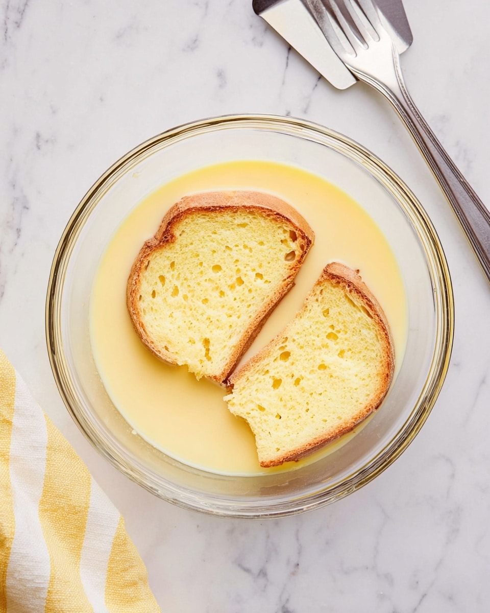 A clear glass bowl with two slices of light golden bread soaking in a pale yellow egg mixture, the bread edges looking slightly toasted and porous, resting flat inside the liquid. The bowl is set on a white marbled surface, with a silver spatula placed diagonally above the bowl and part of a yellow and white striped cloth visible in the bottom left corner. The scene is bright and clean. photo taken with an iphone --ar 4:5 --v 7