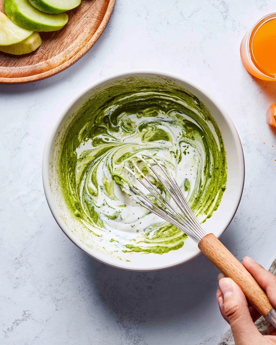 A white bowl sits on a white marbled surface containing two main layers being mixed: one layer is a bright green paste with thick texture, and the other is a smooth white liquid swirled lightly into the green. A whisk with a wooden handle is inside the bowl, stirring the mixture, held by a woman's hand visible in the bottom right corner. The green layer has spots where it looks powdery and uneven, while the white layer creates soft swirls on top. Nearby, a wooden plate with slices of green fruit and a small bottle with orange liquid are partially visible. Photo taken with an iphone --ar 4:5 --v 7