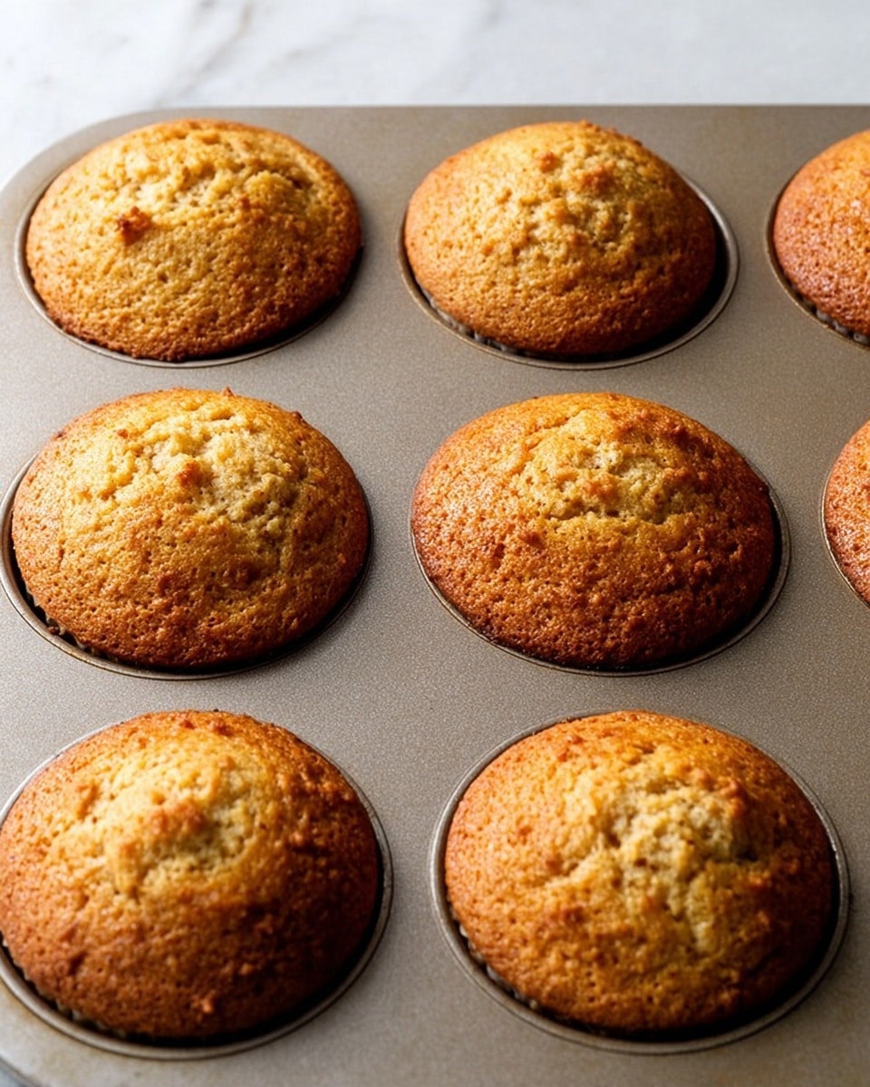 A close-up view of eight golden brown muffins in a metal muffin tray. Each muffin is rounded and slightly cracked on top, showing a textured, lightly crispy surface. The muffins have a warm, toasted color with darker edges and a soft crumbly look in the center. The tray sits on a white marbled surface that adds a clean, bright contrast to the warm tones of the muffins. Photo taken with an iphone --ar 4:5 --v 7