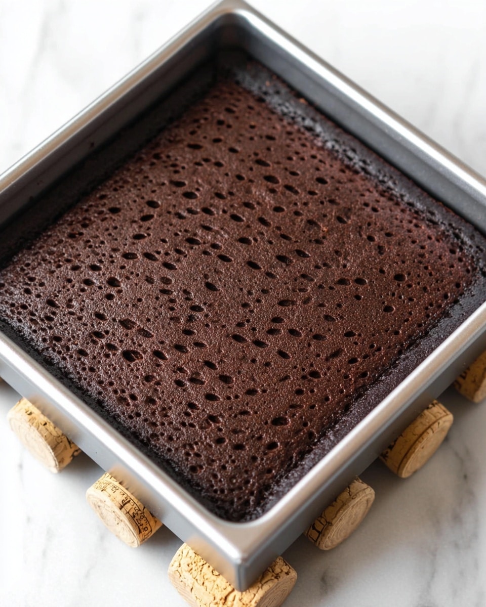 The image shows a single thick layer of dark chocolate cake baked in a square metal pan. The cake has a rich, moist texture with small, evenly spaced holes poked across the surface, giving it a slightly dimpled look. The cake edges are slightly darker, indicating a nicely baked crust, while the middle remains soft. The pan is set on a holder made of three pale wine corks. The background is a white marbled surface. photo taken with an iphone --ar 4:5 --v 7