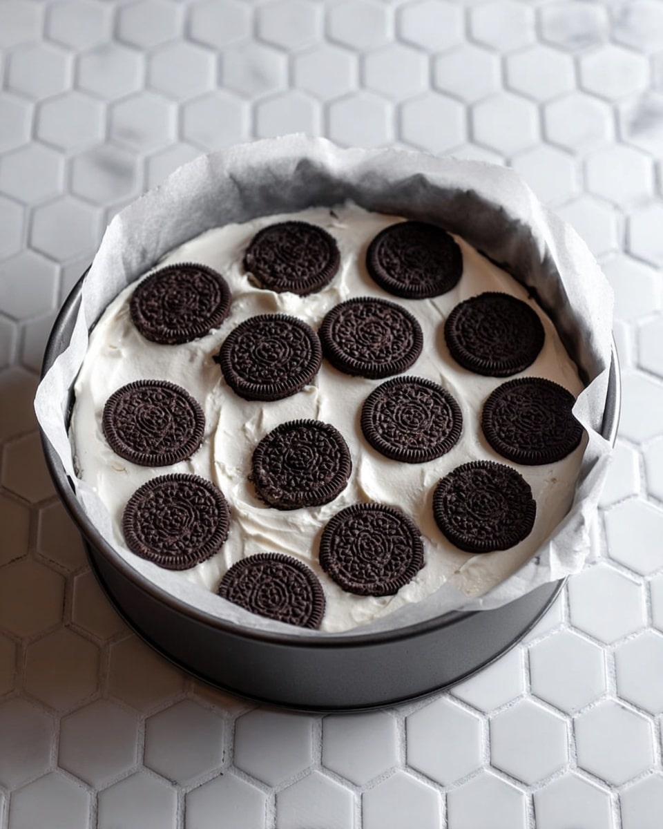 A round baking pan lined with parchment paper holds a dessert with two visible layers. The bottom layer is smooth, white cream spread evenly. On top are whole dark brown sandwich cookies arranged in a single layer close together. The pan sits on a white marbled textured surface with a hexagon tile pattern in the background. photo taken with an iphone --ar 4:5 --v 7