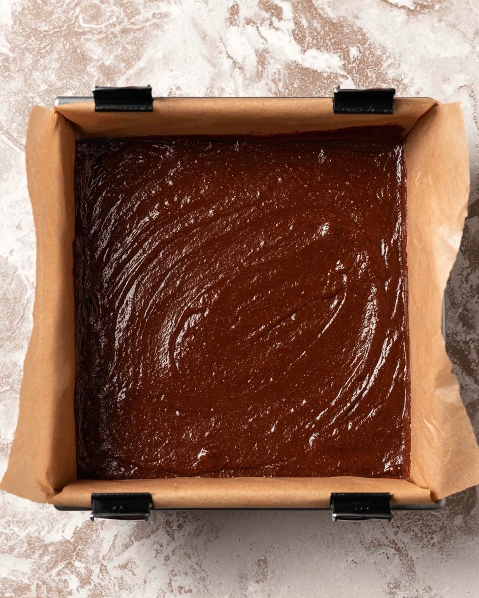 The image shows a square pan lined with light brown parchment paper held in place by black clips. Inside the pan is a thick, smooth layer of dark brown chocolate batter that fills the pan evenly with slightly glossy and textured swirls on the surface. The background is a white marbled texture photo taken with an iphone --ar 4:5 --v 7