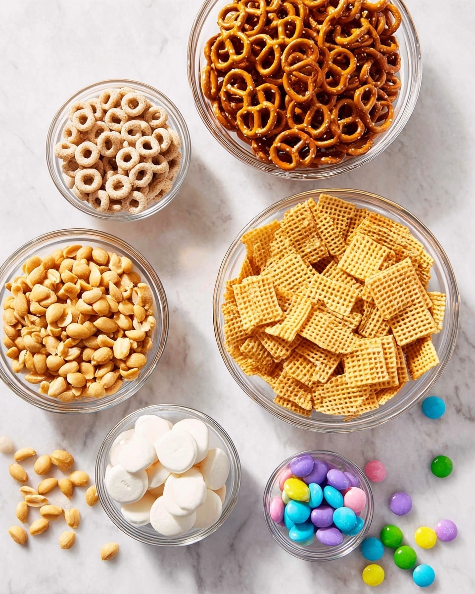 Six clear glass bowls are arranged on a white marbled surface, each filled with different snacks. The top left bowl has round, light brown cereal loops with a smooth texture. To the right, a bowl overflows with small, shiny pretzels in a rich golden-brown color. Below the cereal loops, there is a large bowl filled with square, golden crackers that have a waffle-like grid pattern. To the right of the crackers, a smaller bowl is full of golden peanuts with a slightly rough texture. In the bottom left corner, a bowl holds smooth, round white chocolate discs. The final bowl, at the bottom right, contains colorful candy-coated chocolates in pastel colors including purple, blue, green, yellow, and pink, some spilled outside the bowl. The arrangement is neat and brightly lit, showcasing the different colors and textures of each snack photo taken with an iphone --ar 4:5 --v 7