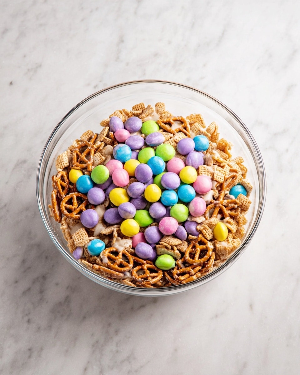 A clear glass bowl is filled with a mixed snack of different cereals and pretzels coated in a glossy light beige layer. On top is a heap of bright pastel-colored candy-coated chocolates in purple, yellow, green, pink, and blue. The bowl sits on a white marbled surface, and the colors of the cereals and candies create a lively contrast. photo taken with an iphone --ar 4:5 --v 7