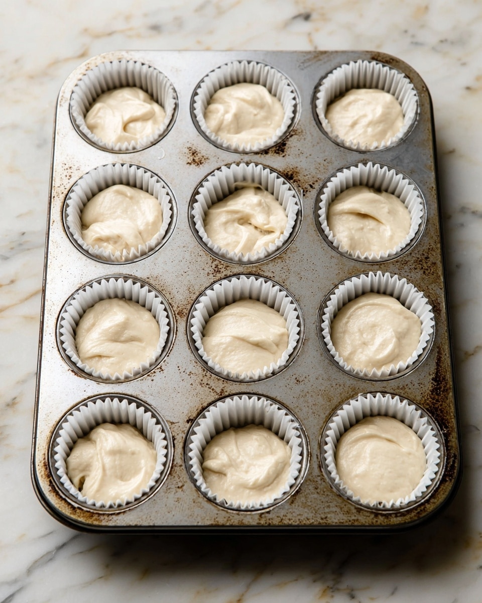 A metal muffin tray holds twelve white paper liners filled with thick, creamy, pale beige batter. Each liner is partially filled with batter that is smooth with some folds and soft peaks on top. The muffin tray shows signs of use with dark spots and slight rust marks. The tray sits on a white marbled surface with subtle gray and beige veins. photo taken with an iphone --ar 4:5 --v 7