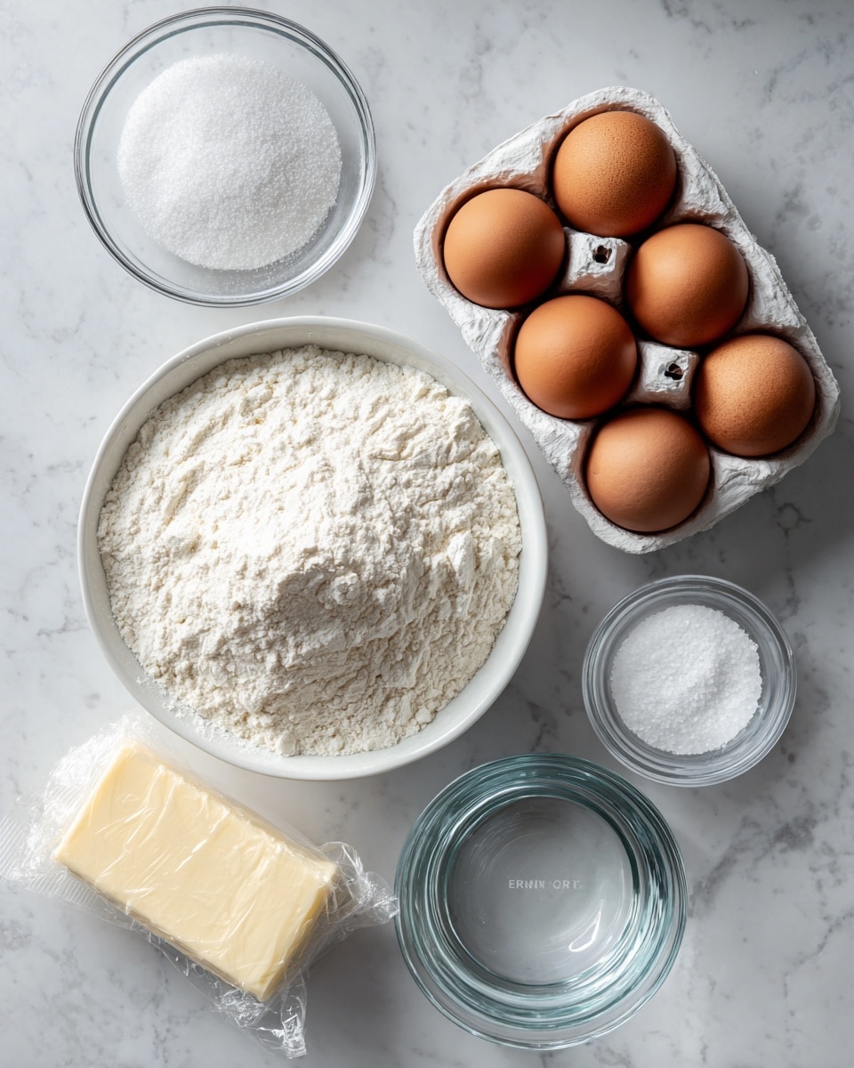 The image shows six cooking ingredients arranged neatly on a white marbled surface. At the top right, there is a white egg carton holding four brown eggs. To the left of the eggs, a small clear glass bowl holds white sugar. In the center left, a white bowl is filled with all-purpose flour, showing a slightly uneven, powdery texture. Below the flour, a wrapped stick of butter lies flat. To the right of the butter, a clear glass measuring cup contains water, and above the water cup, a small clear bowl has white salt. Each ingredient is clearly labeled with simple text. Photo taken with an iphone --ar 4:5 --v 7