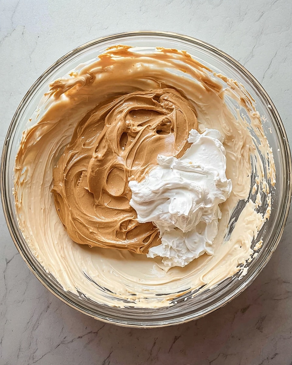 A large clear glass bowl sits on a white marbled surface, filled with a creamy beige mixture that covers most of the bowl's bottom and sides. On top of the creamy base, there are two distinct dollops: one is a thick, smooth, light brown spread, and the other is a fluffy white cream. The textures contrast with the creamy background, highlighting the smoothness of the light brown and the airy fluffiness of the white. The bowl edges have some cream spread unevenly, showing the mixture was recently stirred. photo taken with an iphone --ar 4:5 --v 7