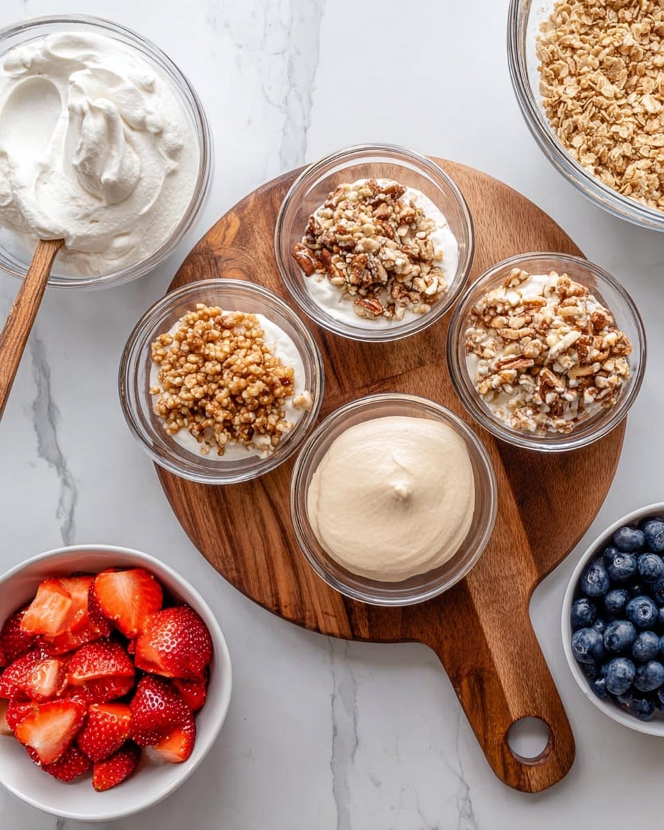 The image shows four clear glass bowls placed on a round wooden board with a handle, sitting on a white marbled surface. Three of the bowls each have a layer of crushed mixed nuts in a beige and brown color, while the fourth bowl in the center holds a smooth light beige cream. Surrounding the board, there is a larger clear bowl with whipped cream and a spoon with a wooden handle, a small white bowl filled with crushed nuts, and a white bowl filled with bright red sliced strawberries and fresh blueberries. Photo taken with an iphone --ar 4:5 --v 7