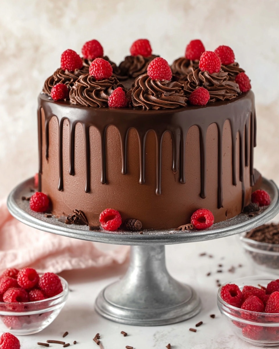 The image shows a round, two-layer chocolate cake covered smoothly with dark brown chocolate frosting. A glossy dark chocolate glaze drips evenly down the side from the top edge. The top of the cake has swirls of darker chocolate frosting, each topped with a fresh red raspberry. Additional fresh raspberries and small chocolate bits are scattered decoratively on the top surface around the swirls. The cake is displayed on a raised silver metal cake stand, sitting on a white marbled surface. Some raspberries and small clear glass bowls with raspberries and chocolate bits are nearby. Photo taken with an iphone --ar 4:5 --v 7