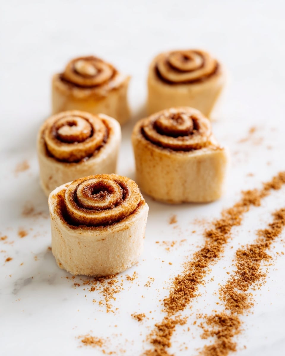 Five small cinnamon rolls stand upright on a white marbled surface. Each roll shows light beige dough spiraled with a thin layer of brown cinnamon filling. Some cinnamon crumbs are scattered around the rolls in three neat lines leading away from the shapes. The texture of the dough looks soft and smooth, and the cinnamon swirl is finely ground, adding a warm contrast to the light dough. Photo taken with an iphone --ar 4:5 --v 7