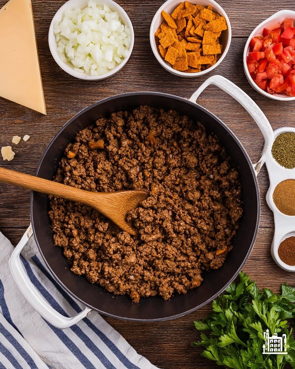 A top view of a black cooking pot with white handles filled with cooked ground meat that is brown and crumbly. A wooden spoon with a flat head is stirring the meat in the center. Around the pot on a dark wooden surface, there is a small white bowl of diced white onions on the top left, a small white bowl of orange-brown croutons or crunchy bits on the top right, and a small white bowl filled with red diced vegetables on the far right. Below the pot on the right side, there are fresh green parsley sprigs, and next to them, a small white dish holds three different spices in separate sections: greenish-brown, reddish-brown, and white. A wedge of pale yellow cheese is visible in the top left corner, and a white and blue striped cloth is partially visible at the bottom left. The surface beneath everything is a dark wood texture. photo taken with an iphone --ar 4:5 --v 7