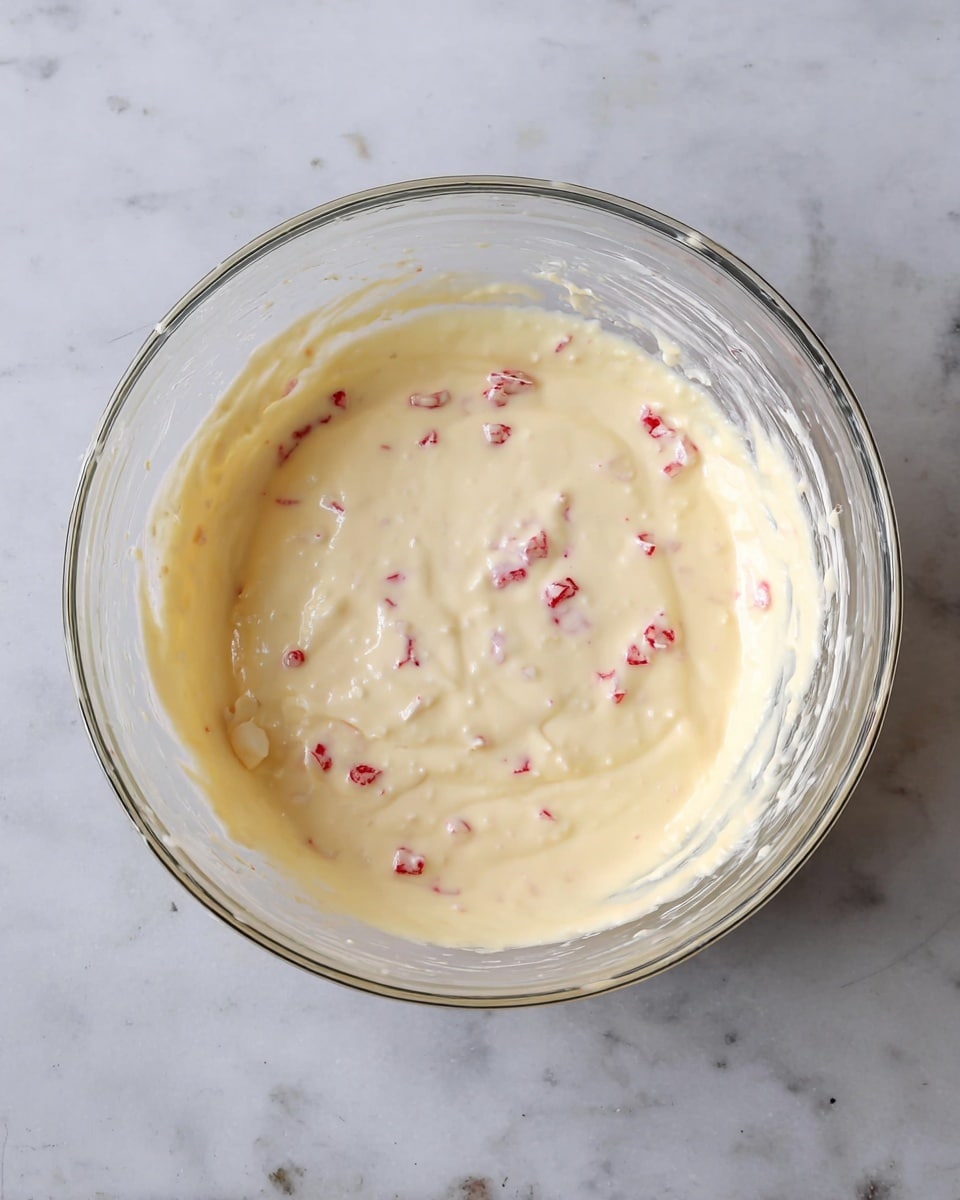 A clear glass bowl filled with a thick, creamy batter that is pale yellow in color with small red pieces scattered throughout. The batter looks smooth but slightly lumpy where the red bits are. The bowl sits on a white marbled surface, showing some batter smeared slightly on the inside of the glass edge. photo taken with an iphone --ar 4:5 --v 7