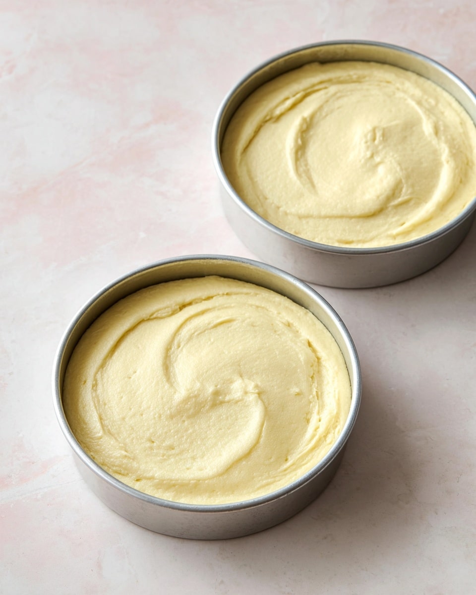 Two round metal cake pans are placed on a white marbled surface. Each pan is filled with smooth, pale yellow cake batter spread evenly inside, showing soft swirls and gentle peaks on the surface. The pans are close to each other, with one positioned slightly above and to the left of the other. The soft texture of the batter is visible, giving a fresh, ready-to-bake appearance. Photo taken with an iphone --ar 4:5 --v 7